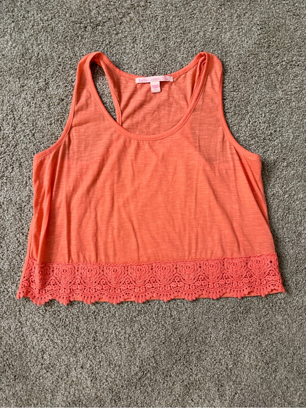 Rebellious One Coral Crochet-Hem Racerback Crop Tank